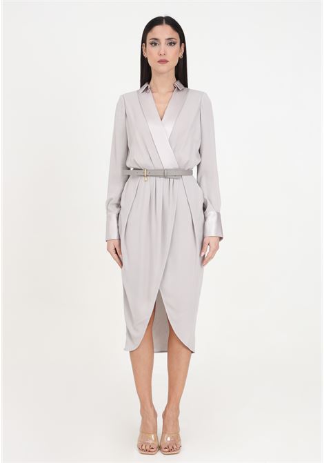 Pearl gray women's wrap dress with belt ELISABETTA FRANCHI | ABT5241E2155